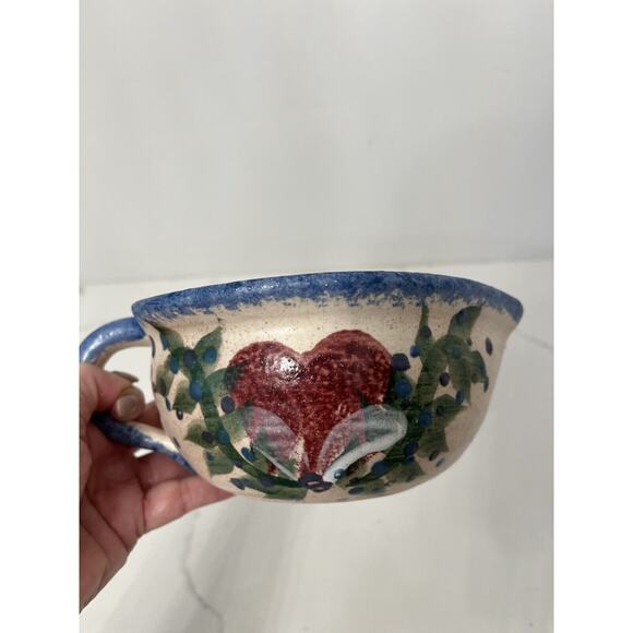 Studio Art Signed Ceramic Heart Shaped  Floral Handmade Bowl w Spout, Handle - Picture 3 of 4